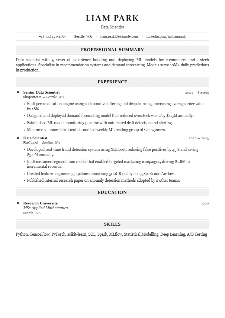 Data Scientist resume template preview
