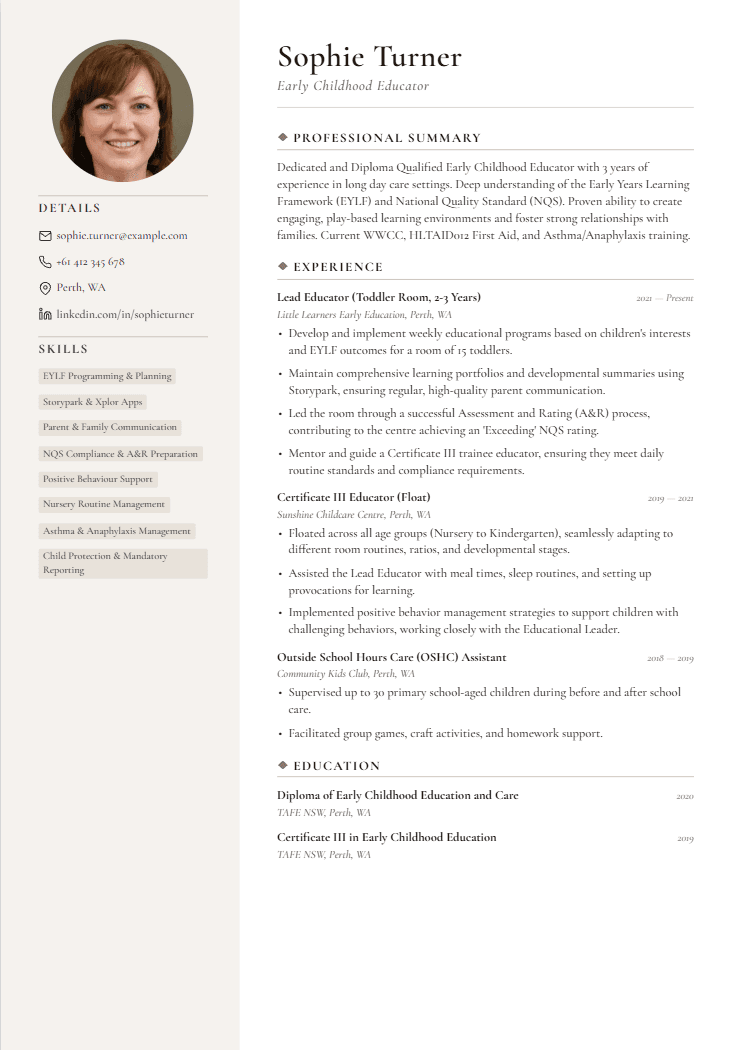 Early Childhood Educator resume template preview