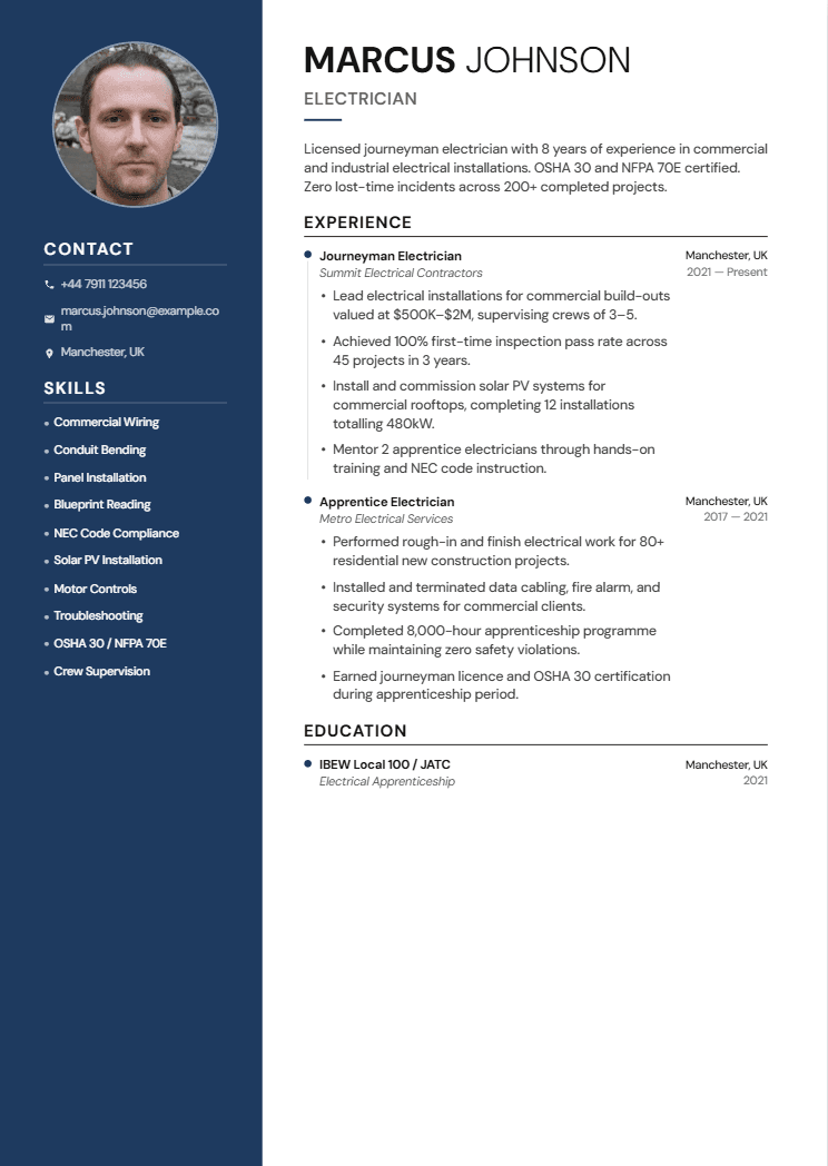 Electrician resume template preview