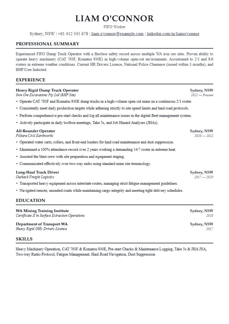 FIFO Worker resume template preview