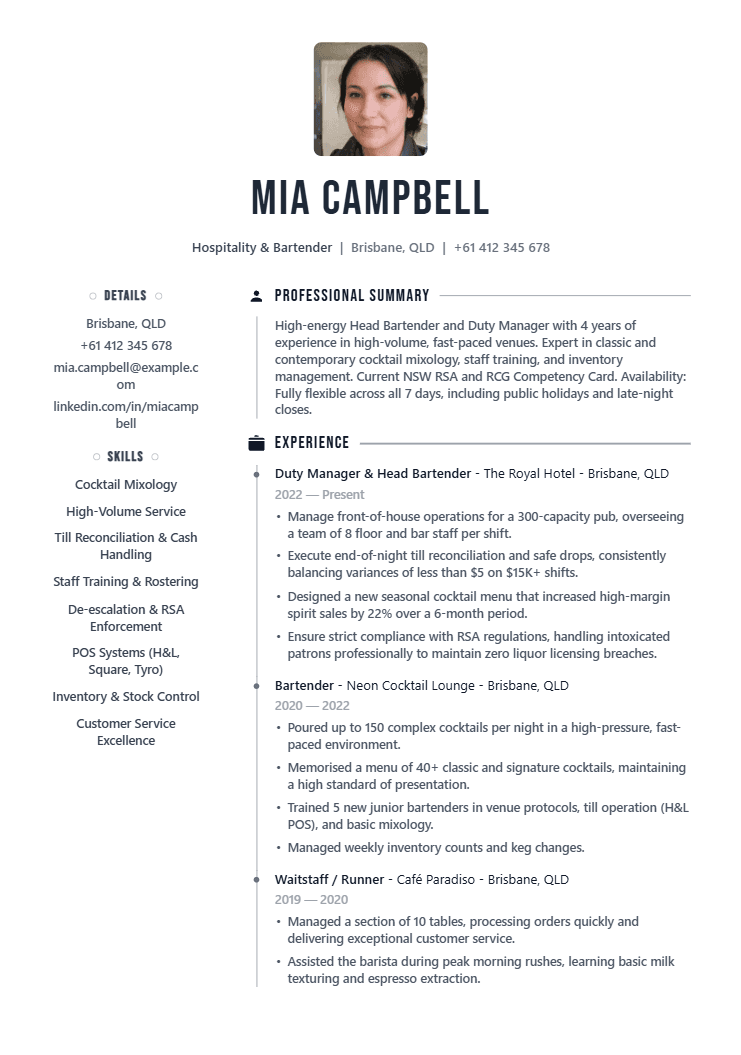 Hospitality & Bartender resume template preview