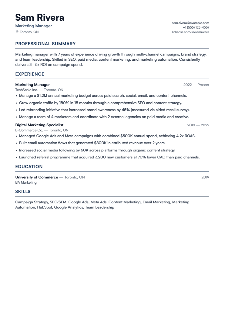 Marketing Manager resume template preview