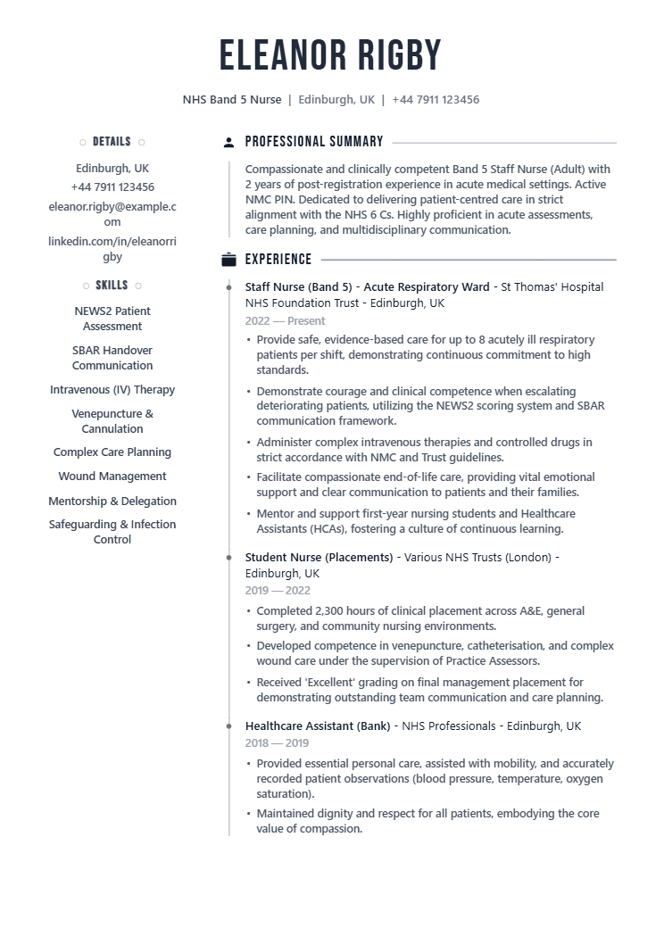 NHS Band 5 Nurse resume template preview