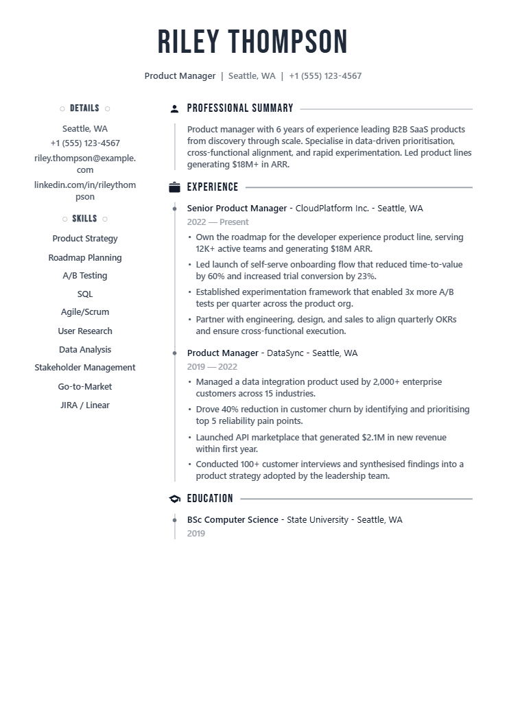 Product Manager resume template preview