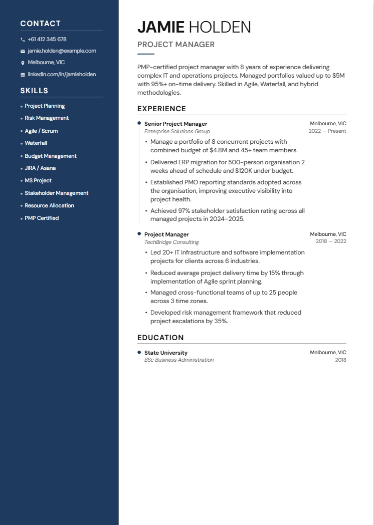 Project Manager resume template preview