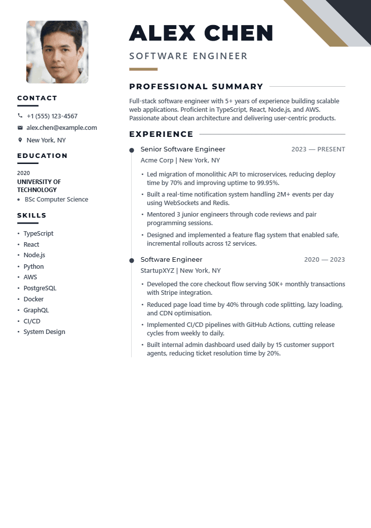 Software Engineer resume template preview
