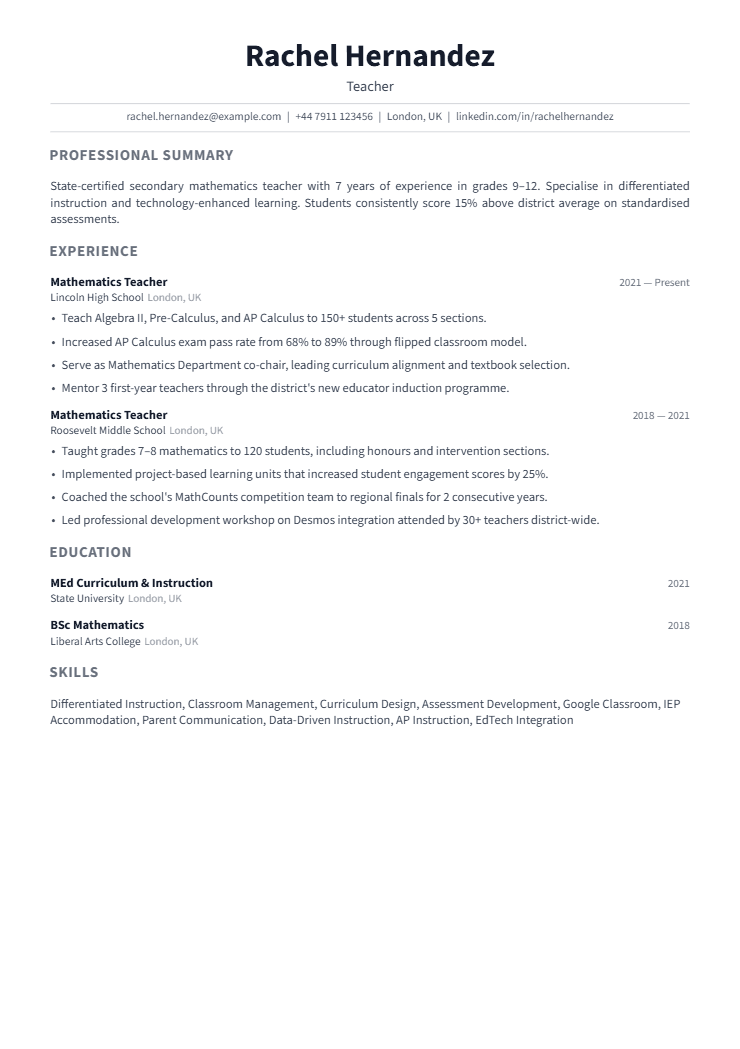 Teacher resume template preview