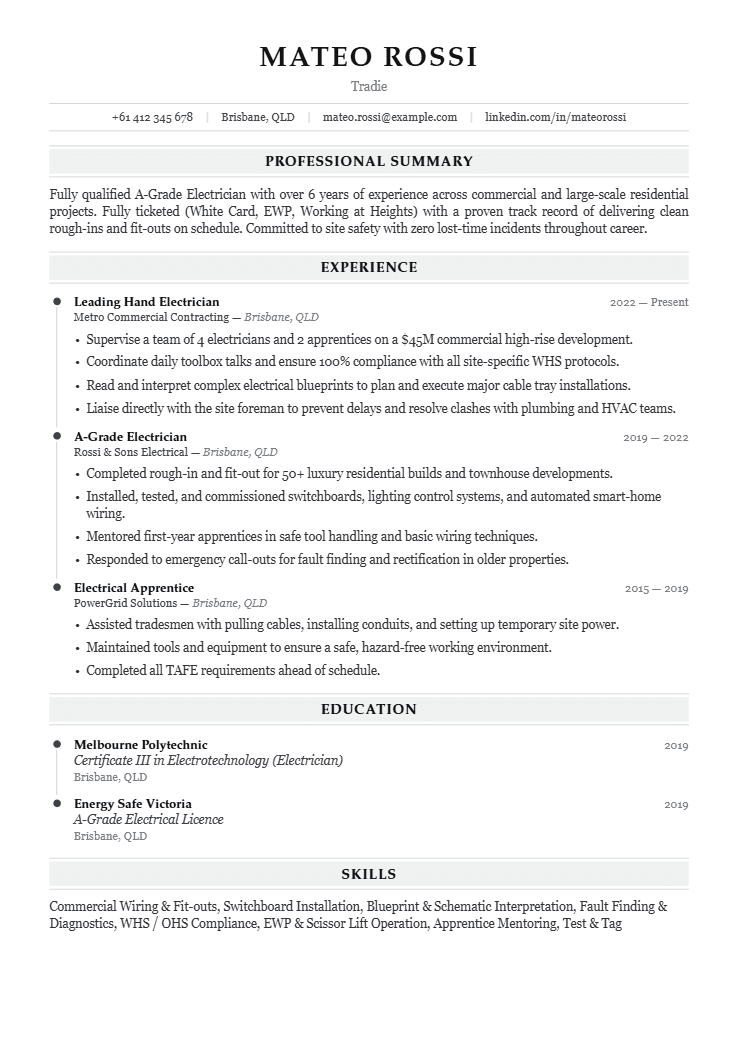 Tradie resume template preview
