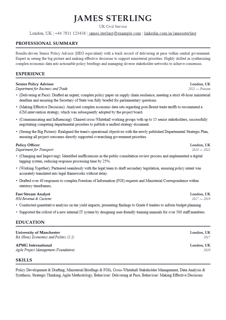 UK Civil Service resume template preview